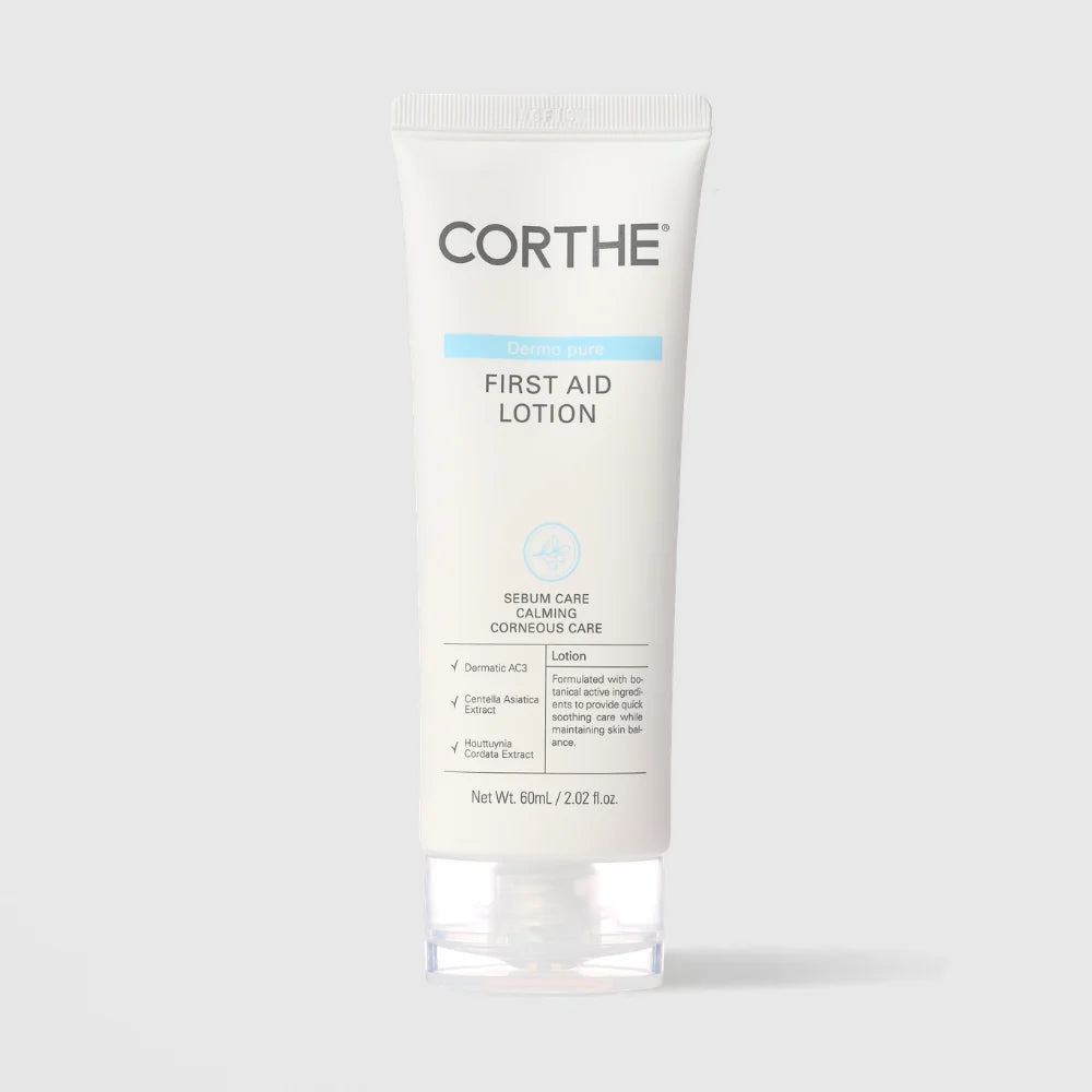 A white squeeze tube of Corthe First Aid Lotion with a clear cap, centered on a light gray background.
